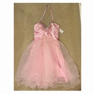 NWT Sleeveless Pink Formal Mini Dress with Sheer Mesh Overlay and Lace Up Back